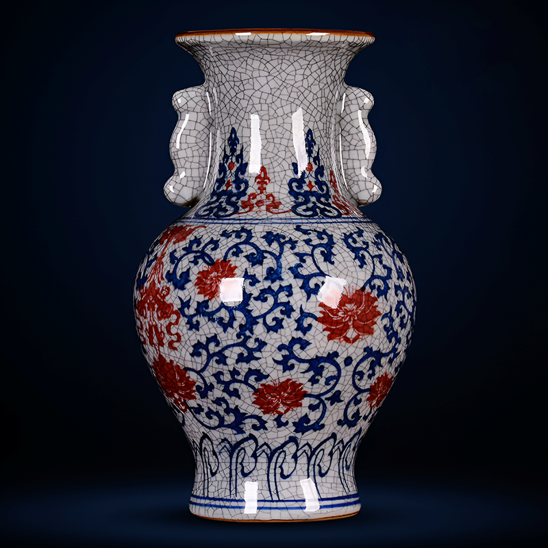 Hand-Painted Antique-Style Blue And White Red Lotus Crackle Glaze Ceramic Vase with Wooden Base And Collector’s Certificate