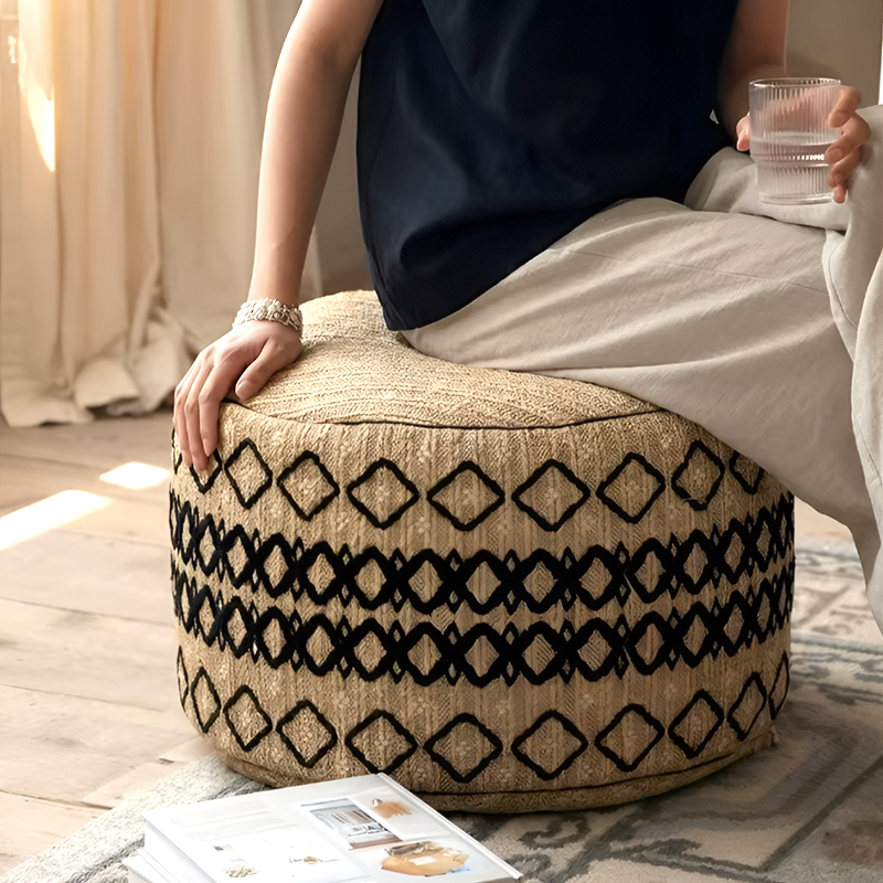 Embroidered Moroccan Pouf Ottoman – Geometric Boho Floor Stool