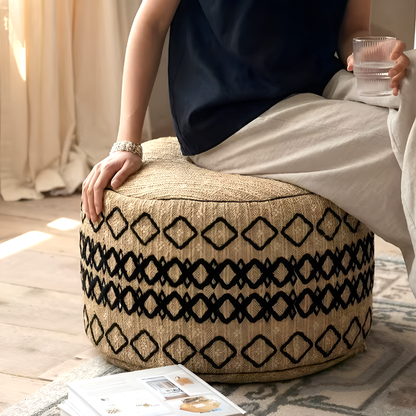 Embroidered Moroccan Pouf Ottoman – Geometric Boho Floor Stool