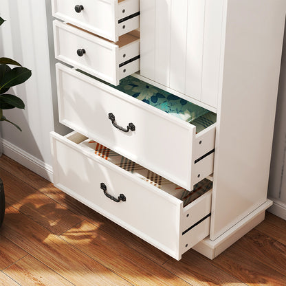 White Storage Cabinet with Sliding Door & 5 Drawers – Adjustable Shelf Dresser for Bedroom or Living Room