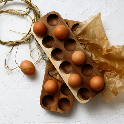 Acacia Wood Double Row Egg Tray – 12-Hole Solid Wood Egg Holder for Kitchen and Refrigerator Storage