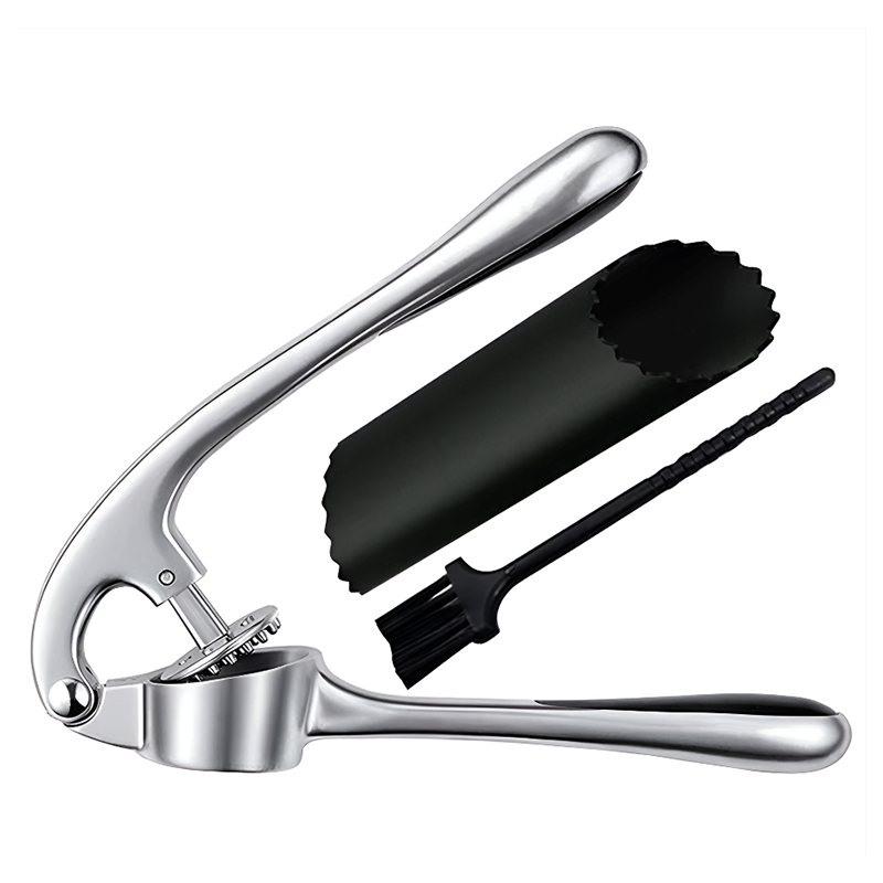 Premium Garlic Press Set – Zinc Alloy Stainless Steel Crusher with Peeler and Cleaning Brush