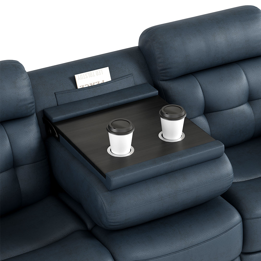 Genuine Leather Manual Reclining 3-Seater Sofa with Drop-Down Table, Cup Holders & Storage