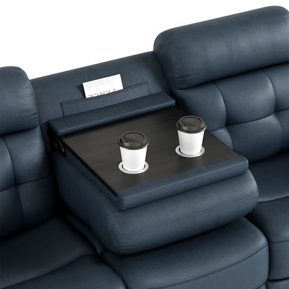 Genuine Leather Manual Reclining 3-Seater Sofa with Drop-Down Table, Cup Holders & Storage