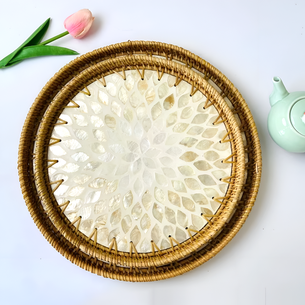 Handmade Rattan and Shell Mosaic Trays – Set of 2 - Coastal Boho Decorative Serving Trays