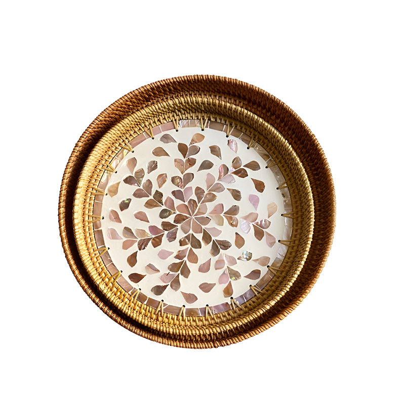 Handmade Rattan and Shell Mosaic Trays – Set of 2 - Coastal Boho Decorative Serving Trays