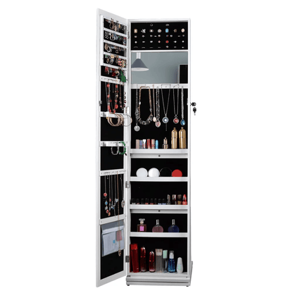 Full Length Mirror Jewelry Cabinet – 360° Swivel Standing Armoire with Storage, Shelves and Lock