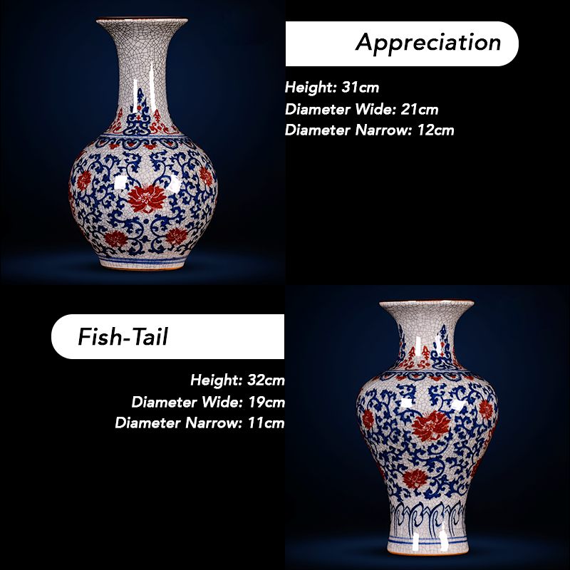 Hand-Painted Antique-Style Blue And White Red Lotus Crackle Glaze Ceramic Vase with Wooden Base And Collector’s Certificate