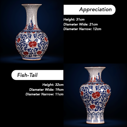 Hand-Painted Antique-Style Blue And White Red Lotus Crackle Glaze Ceramic Vase with Wooden Base And Collector’s Certificate
