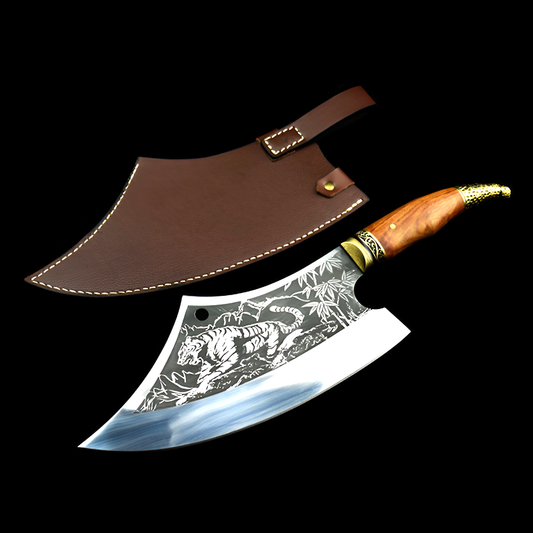 Hand-Forged Chopping Knife – Arc Chef Knife with Rosewood Handle and Leather Sheath