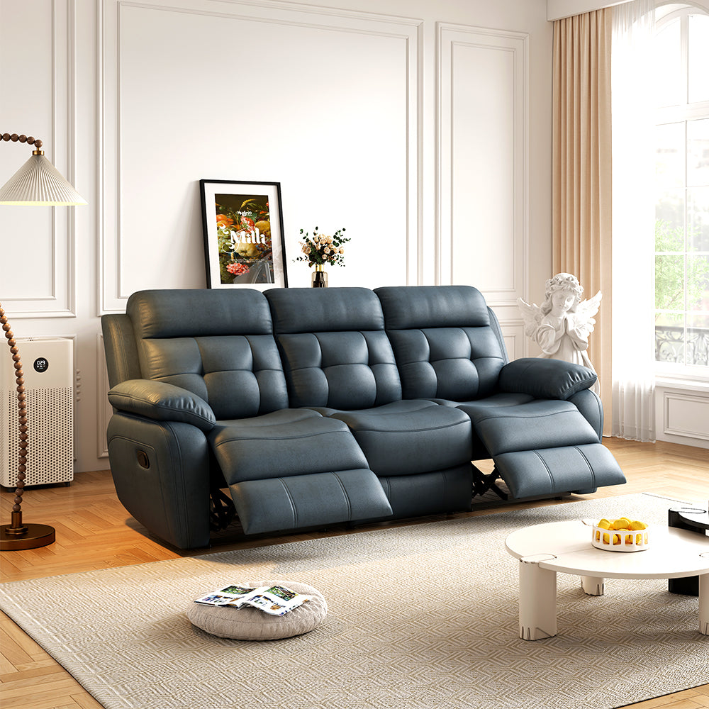 Genuine Leather Manual Reclining 3-Seater Sofa with Drop-Down Table, Cup Holders & Storage
