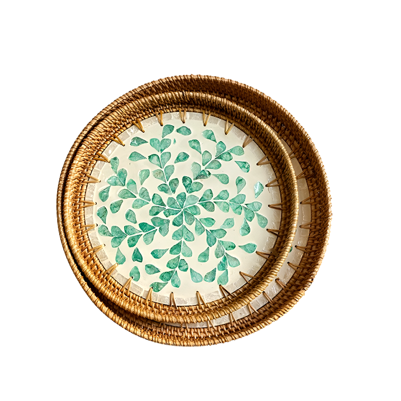 Handmade Rattan and Shell Mosaic Trays – Set of 2 - Coastal Boho Decorative Serving Trays