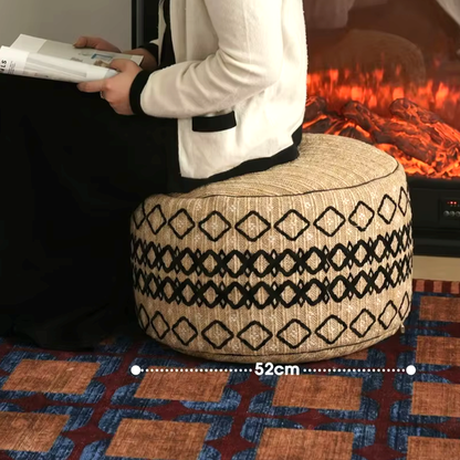 Embroidered Moroccan Pouf Ottoman – Geometric Boho Floor Stool