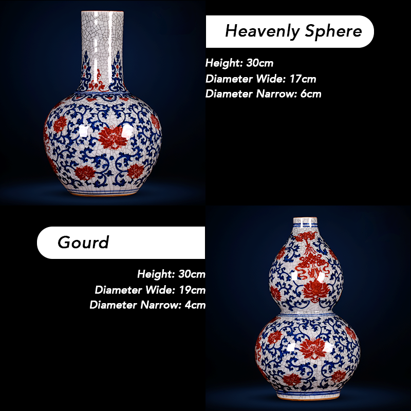 Hand-Painted Antique-Style Blue And White Red Lotus Crackle Glaze Ceramic Vase with Wooden Base And Collector’s Certificate