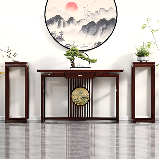 African Black Walnut Entrance Console Table + Pair of Flower Stands – Solid Wood Entryway Table