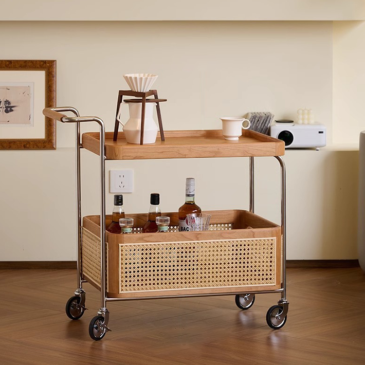 Solid Wood and Steel Mobile Serving Table – Rattan Trolley with Wheels for Dining Room and Living Room