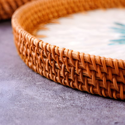 Handmade Rattan and Shell Mosaic Trays – Set of 2 - Coastal Boho Decorative Serving Trays