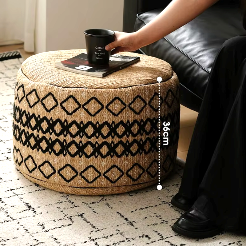 Embroidered Moroccan Pouf Ottoman – Geometric Boho Floor Stool