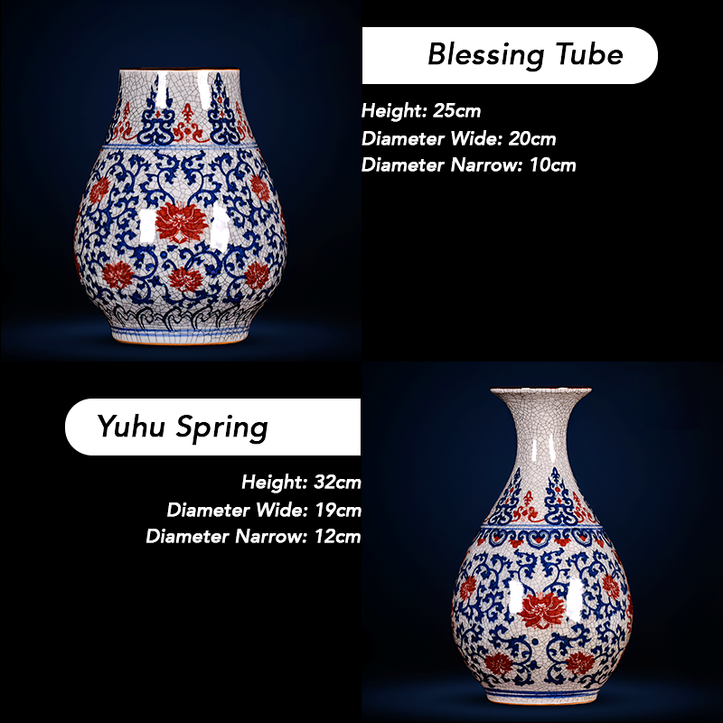 Hand-Painted Antique-Style Blue And White Red Lotus Crackle Glaze Ceramic Vase with Wooden Base And Collector’s Certificate