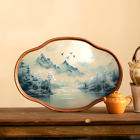 Retro-Style Bamboo & Glass Tray – Hand-Painted Landscape & Floral Design