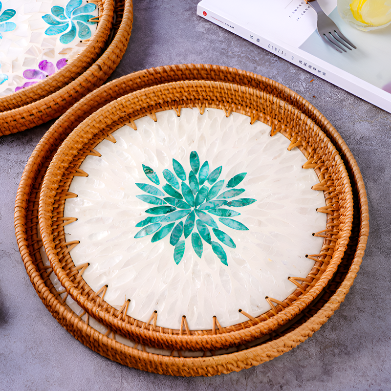 Handmade Rattan and Shell Mosaic Trays – Set of 2 - Coastal Boho Decorative Serving Trays