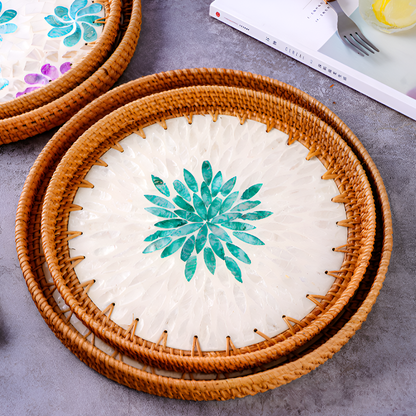 Handmade Rattan and Shell Mosaic Trays – Set of 2 - Coastal Boho Decorative Serving Trays