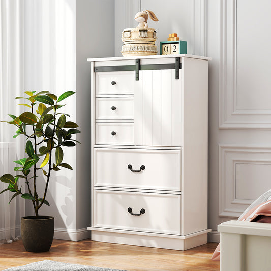 White Storage Cabinet with Sliding Door & 5 Drawers – Adjustable Shelf Dresser for Bedroom or Living Room