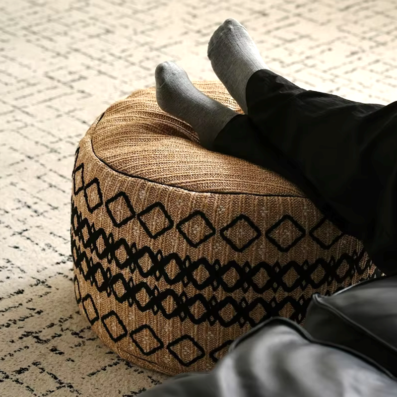 Embroidered Moroccan Pouf Ottoman – Geometric Boho Floor Stool