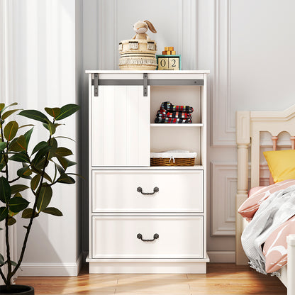 White Storage Cabinet with Sliding Door & 5 Drawers – Adjustable Shelf Dresser for Bedroom or Living Room