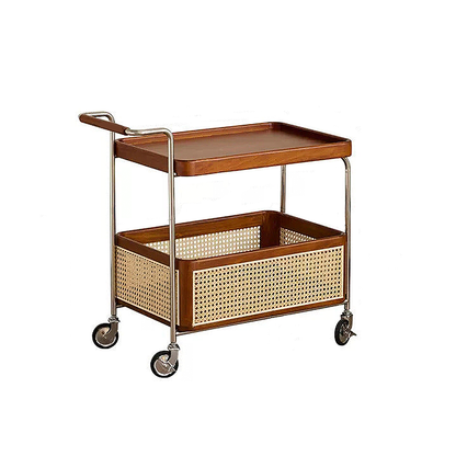 Solid Wood and Steel Mobile Serving Table – Rattan Trolley with Wheels for Dining Room and Living Room