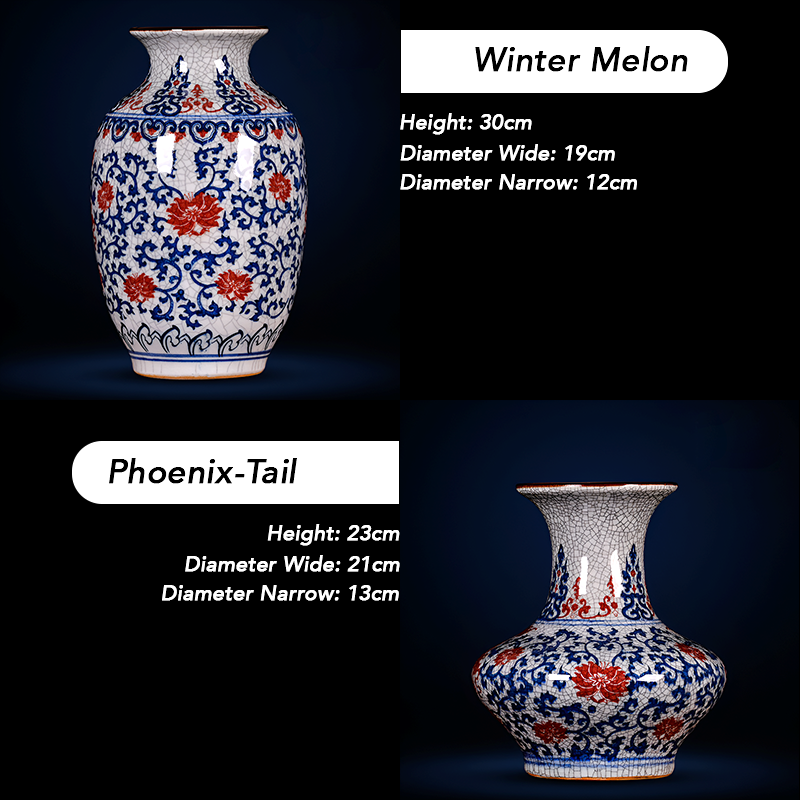 Hand-Painted Antique-Style Blue And White Red Lotus Crackle Glaze Ceramic Vase with Wooden Base And Collector’s Certificate