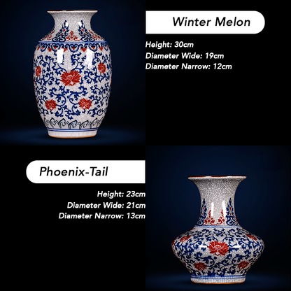 Hand-Painted Antique-Style Blue And White Red Lotus Crackle Glaze Ceramic Vase with Wooden Base And Collector’s Certificate