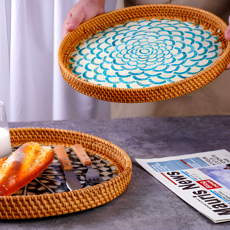 Handmade Rattan and Shell Mosaic Trays – Set of 2 - Coastal Boho Decorative Serving Trays