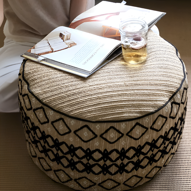 Embroidered Moroccan Pouf Ottoman – Geometric Boho Floor Stool