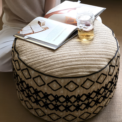 Embroidered Moroccan Pouf Ottoman – Geometric Boho Floor Stool