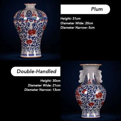 Hand-Painted Antique-Style Blue And White Red Lotus Crackle Glaze Ceramic Vase with Wooden Base And Collector’s Certificate
