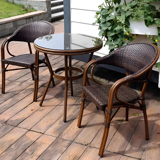 Outdoor Rattan Dining Set – French Island Style Patio Chairs & Waterproof Glass Table