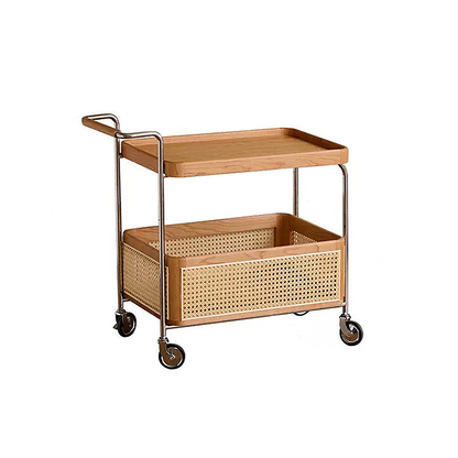Solid Wood and Steel Mobile Serving Table – Rattan Trolley with Wheels for Dining Room and Living Room