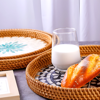 Handmade Rattan and Shell Mosaic Trays – Set of 2 - Coastal Boho Decorative Serving Trays