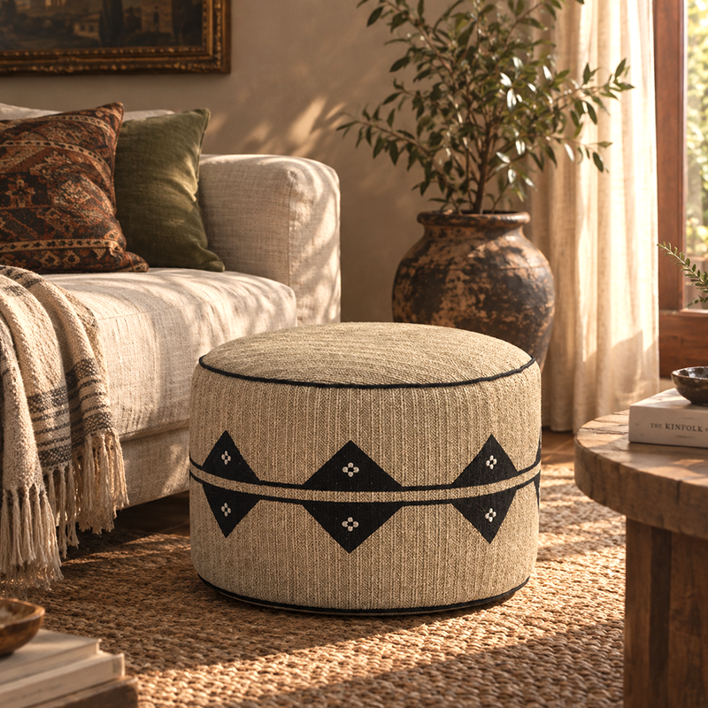 Embroidered Moroccan Pouf Ottoman – Geometric Boho Floor Stool