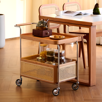 Solid Wood and Steel Mobile Serving Table – Rattan Trolley with Wheels for Dining Room and Living Room