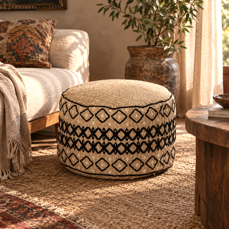 Embroidered Moroccan Pouf Ottoman – Geometric Boho Floor Stool