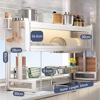 Over the Sink Dish Drying Rack with Dustproof Cover – Multifunctional Kitchen Storage Organizer