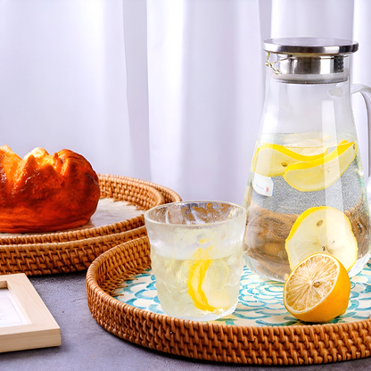 Handmade Rattan and Shell Mosaic Trays – Set of 2 - Coastal Boho Decorative Serving Trays