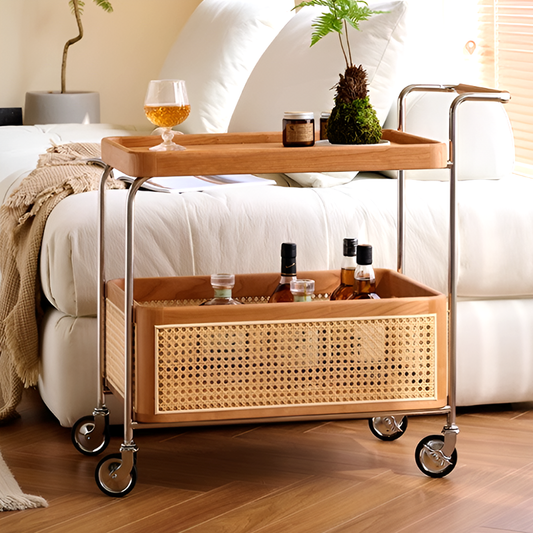 Solid Wood and Steel Mobile Serving Table – Rattan Trolley with Wheels for Dining Room and Living Room