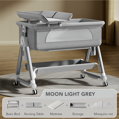Luxury Pro Baby Bassinet Crib – Bedside Sleeper with Changing Table, Storage Basket & Free Mosquito Net | Adjustable Newborn Rocking Cot