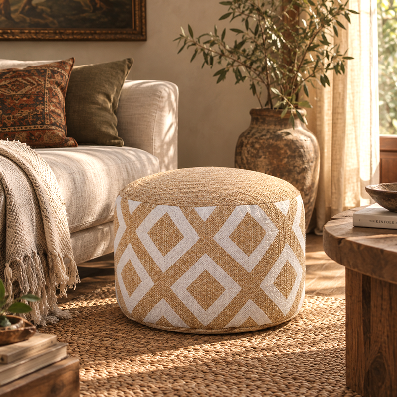 Embroidered Moroccan Pouf Ottoman – Geometric Boho Floor Stool