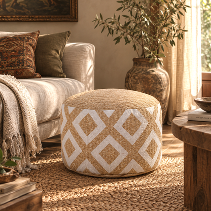 Embroidered Moroccan Pouf Ottoman – Geometric Boho Floor Stool