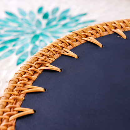 Handmade Rattan and Shell Mosaic Trays – Set of 2 - Coastal Boho Decorative Serving Trays