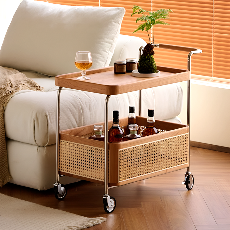 Solid Wood and Steel Mobile Serving Table – Rattan Trolley with Wheels for Dining Room and Living Room